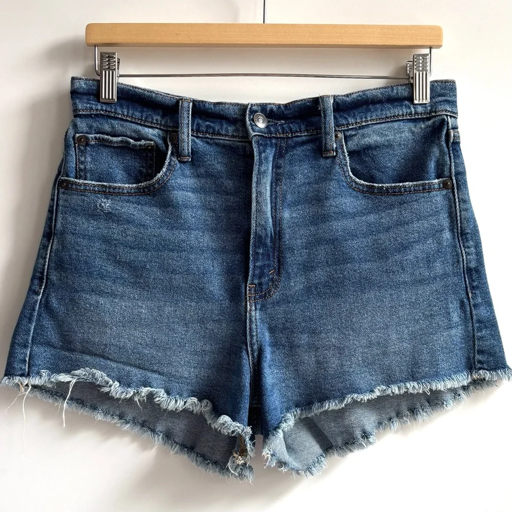 Abercrombie & Fitch The Mom High Rise Blue Denim Jean Shorts Frayed Hem Sz 29/8